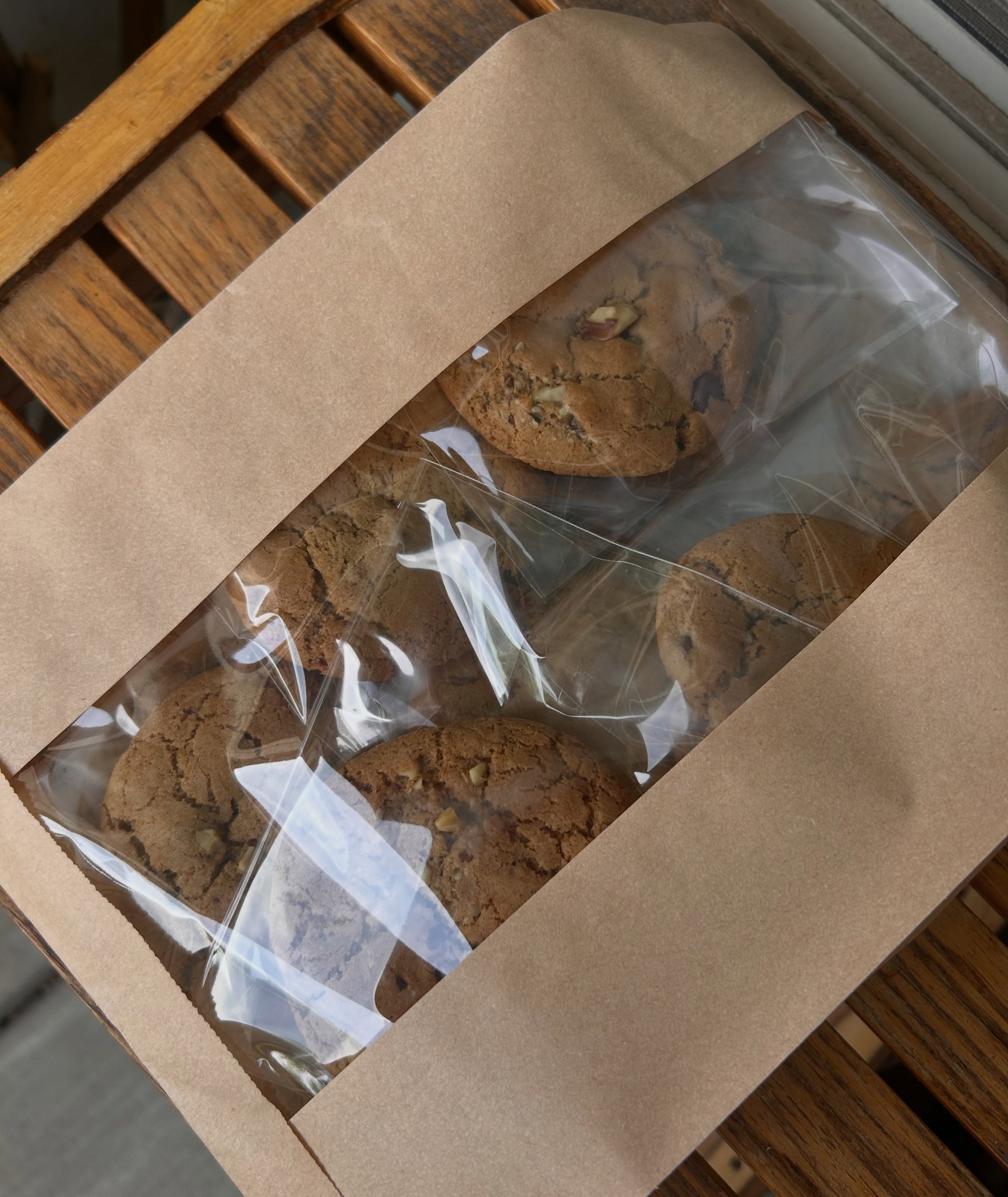 Chocolate chip banana bread cookies with walnuts in Mya's bakery box