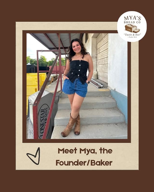 Mya, the founder and baker, standing on a porch
